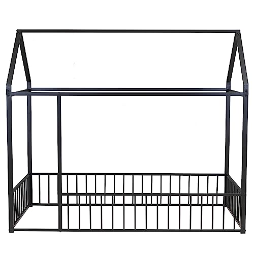 image for Bellemave Twin Size Montessori Floor Bed, Metal House Bed Frame, House