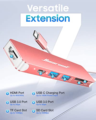Image of Hiearcool USB C Hub,USB-C Dongle,7IN1 USBC to HDMI Multple Adapter Compatible for MacBook Dell Lenovo Asus Thunderbolt 3 Thunderbolt 4 Type C Docking Station (HDMI USB3.0 TF /SD PD)-Rose Gold