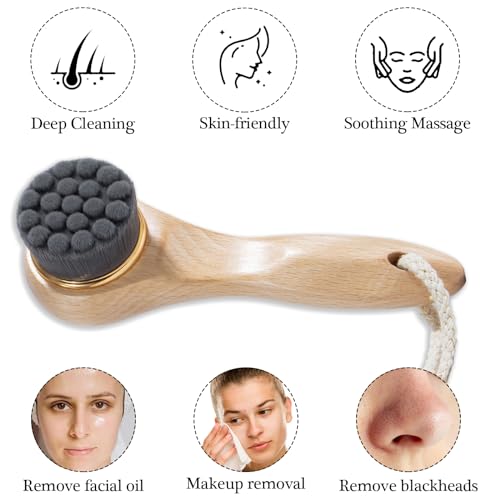 Ultra-Soft-Face-Brush-Manual-Facial-Cleansing-Brush-with-Lanyard-Long-Wooden-Handle-Face-Brush-for-Cleansing-and-Exfoliating-Suitable-for-All-Skin-Types-Bamboo-Charcoal-Brush-Style