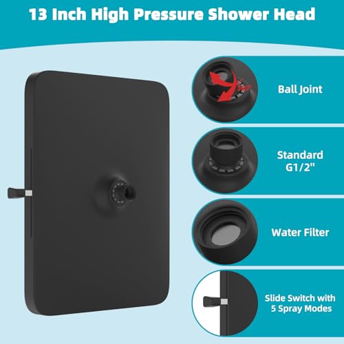 Hibbent 100-02.13INB4-52320-MB 5 Spray Modes Shower Head, 13'' High Pressure Rain Shower Head, Square Large Rainfall Showerhead, High Flow Waterfall Bathroom Fixed Showerheads thumb #4