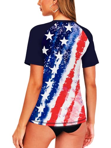Image of AOBUTE Women Short Sleeve Rash Guard Gradient Sun Protection Swim Shirts