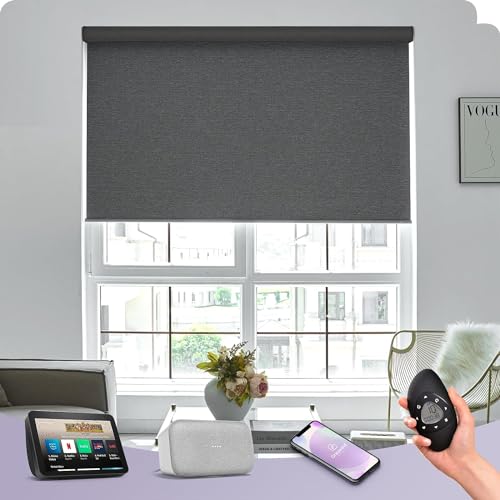 Graywind Customised Smart Blackout Roller Blinds Compatible with Alexa Google, Delicate Design Texture Rechargeable Electric Blinds with Remote, Motorised Window Shades, Frequency Nero