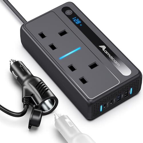 300W Continuous Inverter 230V 12V/24V Input with 2 UK Sockets 4 USB & Built-in 12V DC in Plug 7-Ports for Cars Vans Campervans Powers Laptops & Small Appliances