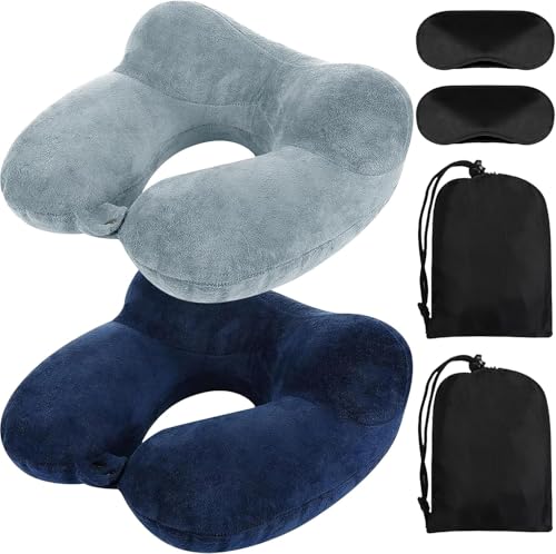 Set of 2 Inflatable Travel Pillow, Compact Ergonomic Neck Pillow Kits with Eye Mask, Portable Neck Pillow Support Neck Cushion for Airplane, Car, Train, and Office (Blue, Grey) Set of 2 Inflatable Travel Pillow, Compact Ergonomic Neck Pillow Kits with Eye Mask, Portable Neck Pillow Support Neck Cushion for Airplane, Car, Train, and Office (Blue, Grey)
