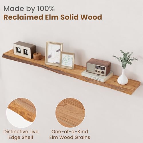 Image of Floating Shelves for Wall Decor, Rustic Solid Elm Wood Live Edge Floating Shelves Wall Mounted, Wall Shelves with Invisible Bracket for Living Room Bathroom Bedroom Kitchen, 55 Inch, Natural
