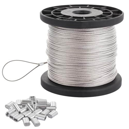 Oungy 2mm Wire Rope, 70m/230ft Stainless Steel Picture Hanging Wires with 70 Aluminum Crimping Loop Sleeve, Metal Wire Spool Cable Hanging Wires for Picture, Clothes Line