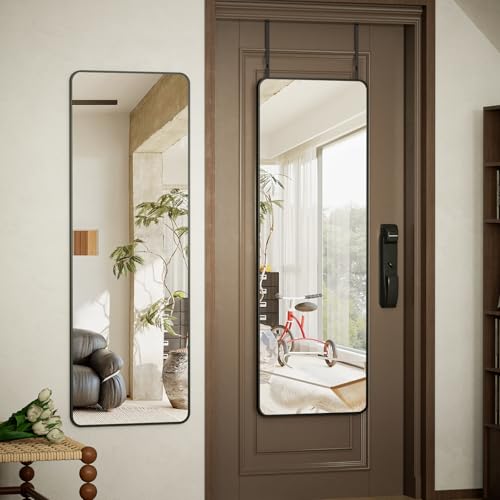 Image of BEAUTYPEAK Over The Door Mirror Full Length 14 inch x 48 inch, Shatterproof Tempered Glass and Aluminum Alloy Frame, No-Drilling Hanging or Wall Mount, Full Body Mirror for Bedroom, Dorm, Black
