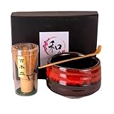 Matcha Bowl Whisk and Scoop Set 21oz Porcelain Matcha Bowl With Bamboo Whisk and Scoop 3 Pieces Japanese Tea Ceremony Kit Set (Red Black)