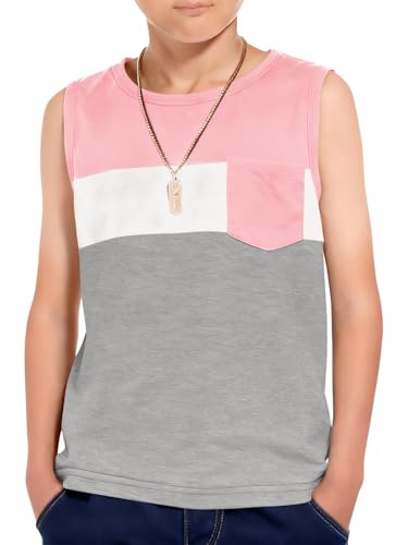 Haloumoning Boys Color Block Tank Tops Kids Summer Sleeveless T-Shirts with Chest Pocket 5-14 Years Pink