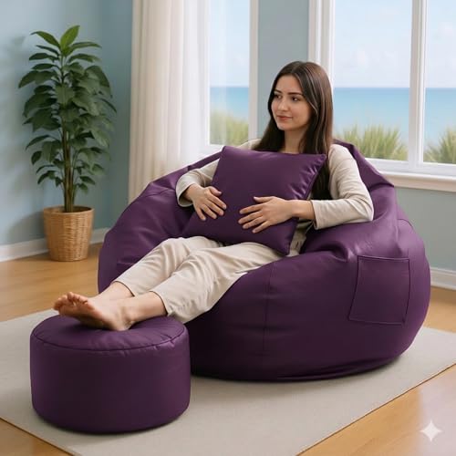 Image of Brand 4XL Bean Bag Cover with Footrest & Cushion Cover | Premium Leatherette Material | Double Stitched | Light Weight & Easy to Carry | 6 Months Warranty (Beans Required) Color- (Purple)