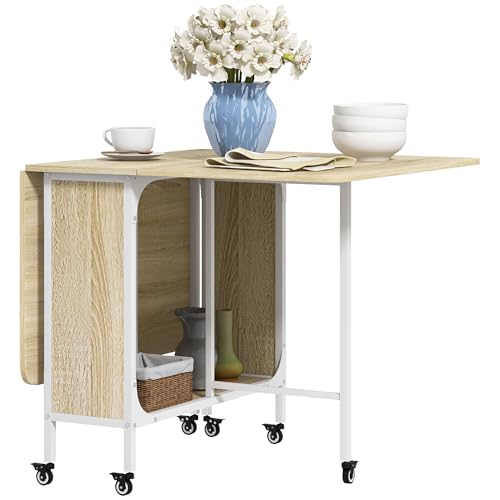 HOMCOM Tavolo da Pranzo Pieghevole, Tavolo a Ribalta per 4-6 Persone, Tavolo da Cucina Salvaspazio Moderno con Ripiano e 6 Ruote, in Metallo, 130x80x74 cm, Color Legno
