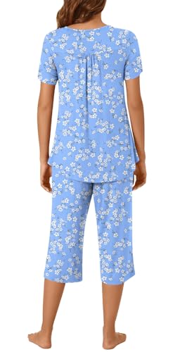 Image of Womens Summer Pajama Sets 2 Piece Short Sleeve Top and Capri Pants Plus Size Ladies Lounge Pjs Sets with Pockets