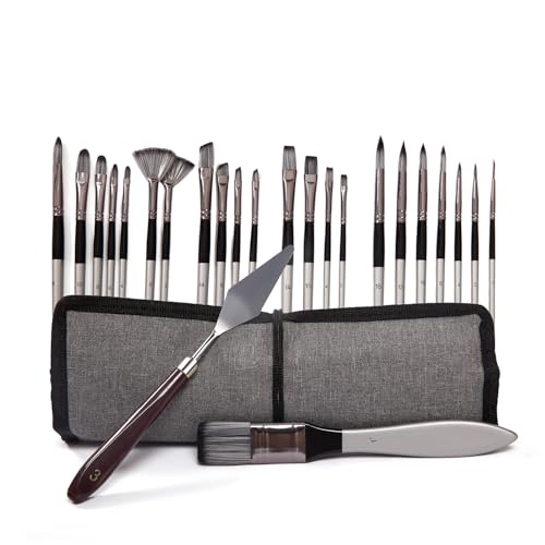 24-Pack Silver Gray Wooden Handle Nylon Paint Brush Set in Roll-Up Canvas Bag - Ideal for Artists, Art Students & Hobbyists