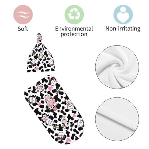 Image of Cute Cow Print Newborn Swaddling Blanket Beanie Hat Sets Soft Baby Receiving Funny Cattle Blanket Soft Sleeping Bag New Born Soft Sleep Sacks for Boys Girls