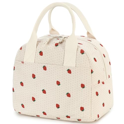 LOVELYWIND Insulated Strawberry Lunch Bag for Women, Stylish Corduroy Tote with Aluminum Lining, Large Capacity Reusable Cooler for Work, Travel, Beach or Picnic, Beige Cream Water-Resistant Lunch Box