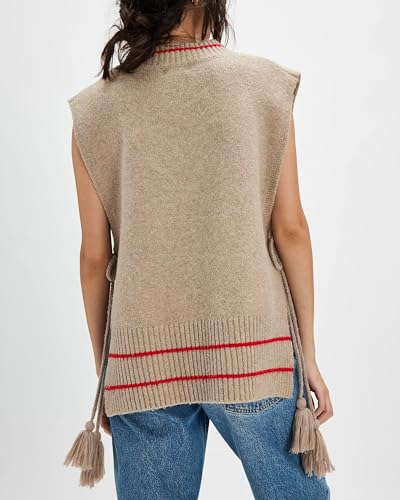 Locachy Women's Loose V Neck Sweater Vest Stripe Poncho Side Tie Sleeveless Pullover Tank Tops4