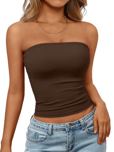 Trendy Queen Womens Strapless Tube Tops Basic Backless Sleeveless Bandeau Going Out Crop Tops Cute 2026 Summer Clothes Chocolate S