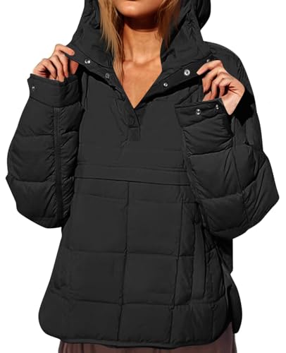 Fazortev Women's Black Oversized Puffer Jacket - Lightweight Dolman Pullover with Hood and Pockets for Ultimate Comfort