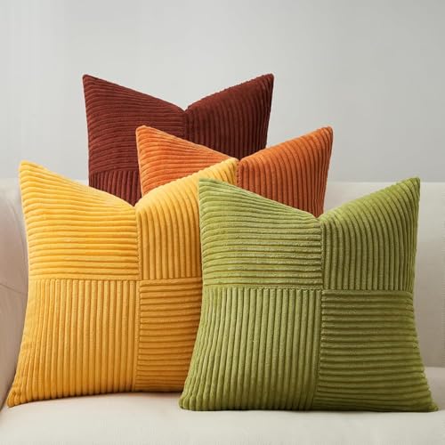 Image of Topfinel Corduroy Cushion Covers Soft Decorative Yellow Orange Throw Pillow Covers Cushion Soft Pillowcase Striped Pack of four for Home decor Sofa 60cm x 60cm 24x24