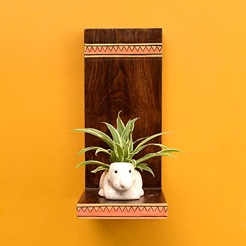 Image of AAKRITI ART CREATIONS Puppy Wall Decor Shelf with Ceramic Pot | Handmade Wooden Wall Hanging Shelf with Planter | Matte Finish Decorative Wall Art for Living Room, Balcony & Gifting