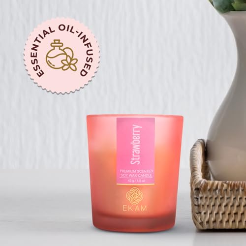 Image of EKAM Strawberry Votive Soy Wax Scented Candle, 40 Grams, 10 Hours Burn Time| Long Lasting Premium Candles | Ideal for Home Decor | Gifting & Aromatherapy