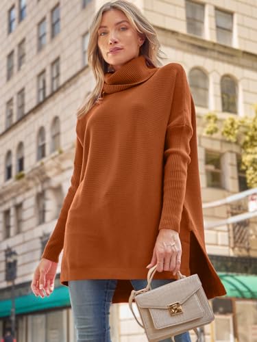 Image of LILLUSORY Women's Turtleneck Oversized Sweaters Long Batwing Sleeve Spilt Hem Tunic Pullover Knit Tops