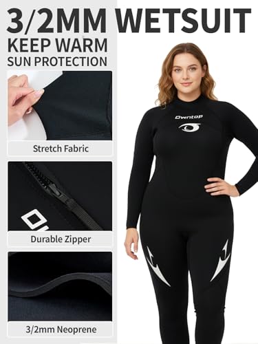Owntop Traje de neopreno de talla grande para hombres y mujeres, traje de neopreno de 3/2 mm con cremallera trasera, traje térmico de cuerpo completo, traje de buceo para buceo en agua fría, surf - imagen 4