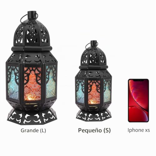 Miniatura 8 de Lewondr Candelero Marruecos Colorido, Lámpara De Vidrio Colorida Estilo Marruecos Con Base Fuerte, Lámpara Colgante Linterna De Viento Para Decoración Ramadan, Dormitorio, Salón, Talla Pequeño, Negro
