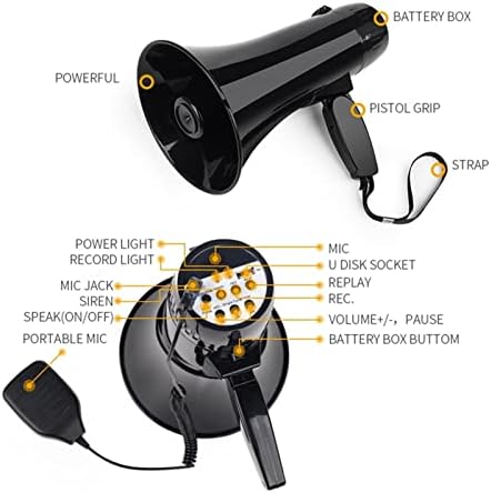 Megaphones Power Portable 35W Bullhorn Megaphone Speaker with Built-in Siren USB Flash Drive 240S Recording Black Great for Outdoor Announcements Amplifiers(No Battery)