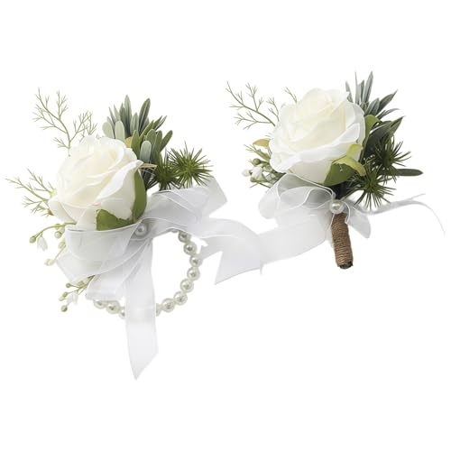 Ivory Rose Wrist Corsage and Boutonniere Set Wedding Bridal Wrist Flower Corsages with Pearl Wristlet Band Bracelet Pin for Brid