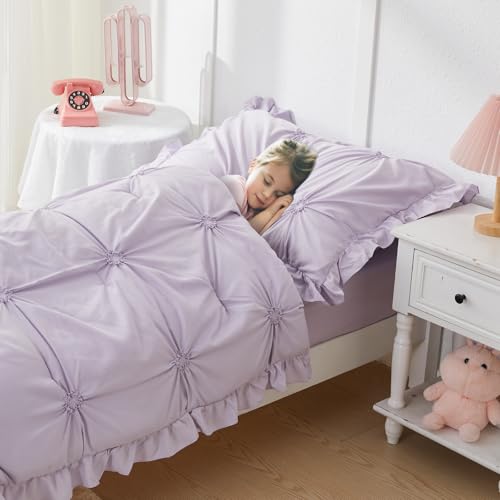 Image of Twin Comforter Set for Girls, Boho Pintuck Bedding Comforter Sets, 4 Pieces Ruffles Jacquard Embroidery Twin Bedding Sets with Comforter, Fitted Sheet, Flat Sheet and Pillowcase, Purple