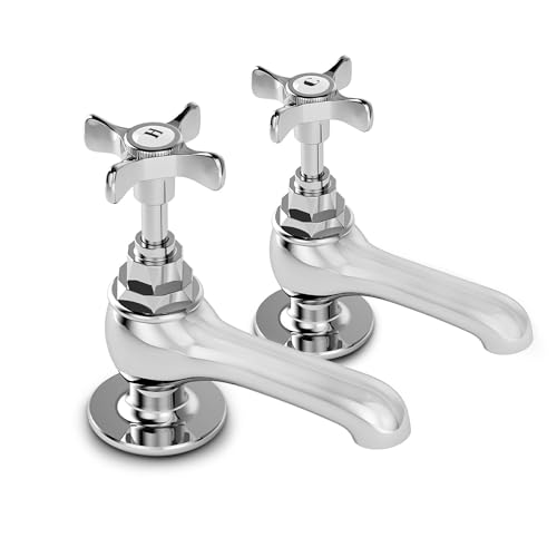 Image of VANCOCO Traditional Chrome Brass Basin Taps Pair 1/2 Inch, Victorian Style Hot Cold Cross Lever, Polished Chrome Pillar Bathroom Sink Faucet Set of 2
