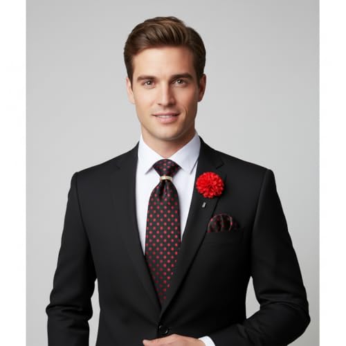 Image of 5PCS Mens Premium Silk Tie, Pocket Square, Cufflinks, Drilled Tie Ring and Lapel Pin Set for Wedding Groom Party