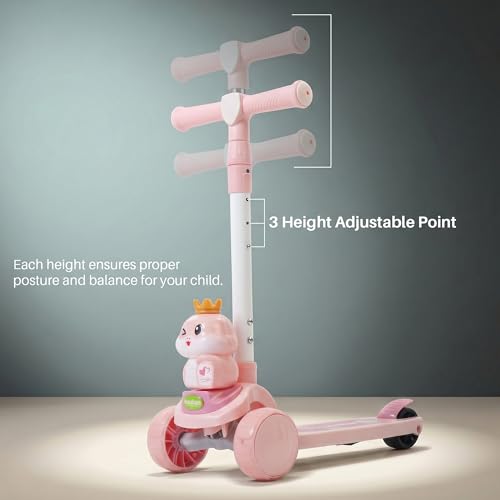 Image of Baybee Dino Crown Kick Scooter for Kids | 3 Wheel Kick Scooter with RGB LED Wheels & Music | 3 Height Adjustable Handle & Rear Brake | Foldable Scooter for Kids 3 to 8 Years Boys & Girls (Lite Pink)