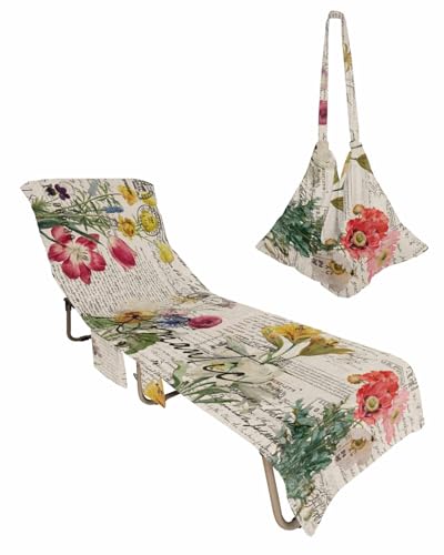 Beige Floral Beach Lounge Chair Towel Cover, Soft Chaise Lounge Towel with Side Pockets Patio Pool Chairs Cover for Beach/Pool Sunbathing 29x85 Vintage Botanical Romantic Shabby Flowers