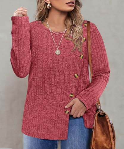Image of RITERA Plus Size Sweater, Ribbed Long Sleeve Solid Top for Women | Soft vertical ribbed knit, modest V neck, loose long sleeves, curved swing hem, slimming casual layering top for curvy women