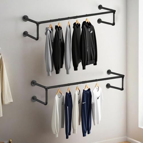 Paipchf Industrial Pipe Clothing Rack,Heavy Duty Wall Mounted Black Iron Garment Bar,Detachable Garment Rack,Multi-purpose Hanging Rod for Closet Storage,36.2" Set of 2