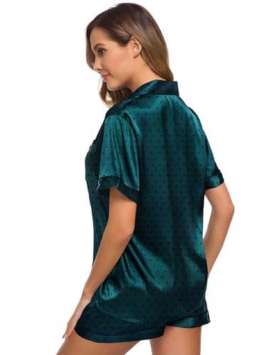Image of SWOMOG Womens Silk Satin Pajamas Set Short Sleeve Sleepwear Button Down Top and Shorts Loungewear 2 Piece Pjs Set XS-3XL Deep Green Dots Medium