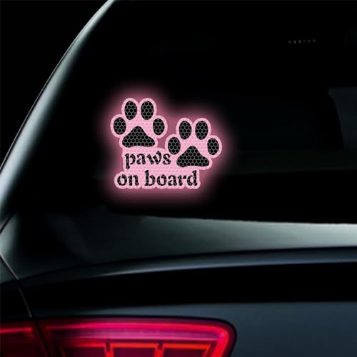 Image of 2pcs Reflective Paw Print Decal Dog Paws on Board Car Window Sticker Safety Warning Sign Stickers Funny Reflective Vinyl Stickers for Car Motorcycles Laptop (Pink)