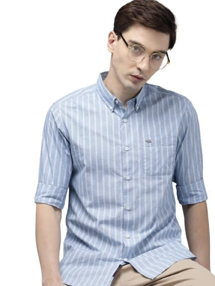 Image of THE BEAR HOUSE Men Cotton Blue Striped Slim Fit Casual Shirt