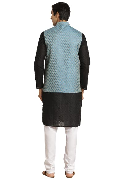 Image of SOJANYA (Since 1958) Men's Silk Blend Dark Green Kurta & Silk Blend Nehrujacket With Off White Churidar Pyjama Set