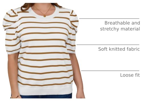 Image of Beautife Womens Plus Size Short Puff Sleeve Sweater Tops Lightweight Striped T Shirts Summer Casual Crew Neck Knit Pullover Brown