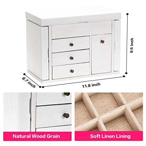 Poyilooo Jewelry Box Organizer, Solid Wood Jewelry Boxes For Women For Storage & Display Necklace Ring Earring Bracelet, Rustic Style Jewelry Organizer Box For Women Gifts (Weathered White) #TOP4