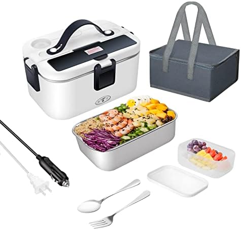Electric Lunch Box 80W Food Heater 110V/12V~24V, 1.8L Larger Self Heating Lunch Box 2 in 1 Portable for Car/Truck/Home/Work, Heated Lunch Boxes For Adults with 0.5L Compartment, Fork Spoon (Dark Blue)