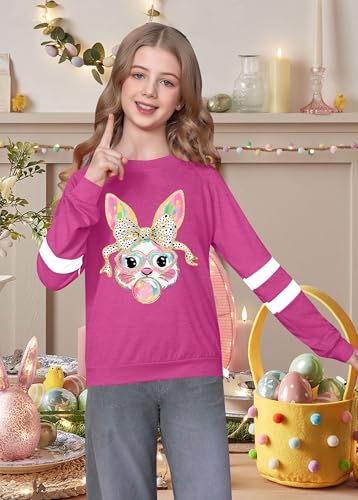 Image of LAZYCHILD Kids Easter Shirt Girls Happy Easter Shirts Rabbit Graphic Long Sleeve Striped Tee Tops 5-14 Years