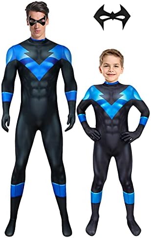 Bailu Halloween Men's Nightwing Costume Superhero Cosplay Bodysuit Jumpsuit Spandex For Adults, Blue, Height:65inch-67inch, (BA-NW-08)