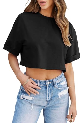 Tankaneo Women Crop T-Shirts Half Sleeve Drop Shoulder Cropped Tops Y2K Casual Summer Basic Tees