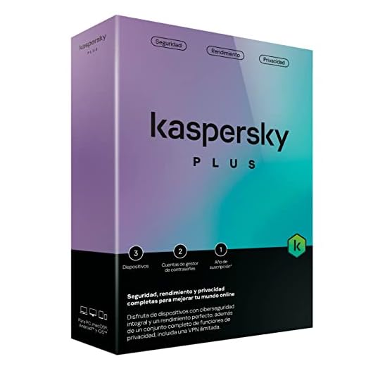 Kaspersky Plus 2023 | 3 dispositivo | 1 año | Caja Mini No CDAnti-Phishing y Firewall| VPN ilimitada | Gestor de contraseñas | Protección Bancaria en línea | PC/Mac/Móvil