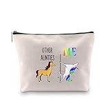 Impresión: neceser de maquillaje con diseño de unicornio con texto en inglés "Other Aunts Me", bolsa de viaje de algodón con cremallera para viajes, escuela, dormitorios.