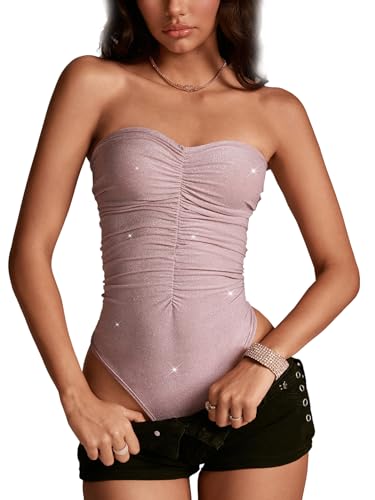 OYOANGLE Women's Glitter Strapless Bodysuits Sleeveless Ruched Fitted Tube Top Bodysuit Tops Clubwear Pink Medium